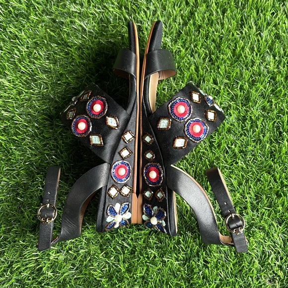 TORY BURCH Estella Wedge Black Beaded Strappy Sandals size 5.5 - Picture 3 of 10